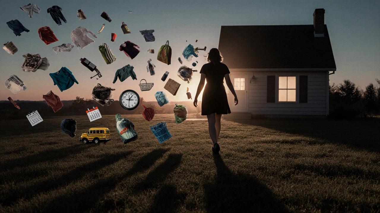 Woman walking away at dawn, her shadow made of domestic tasks and time symbols.