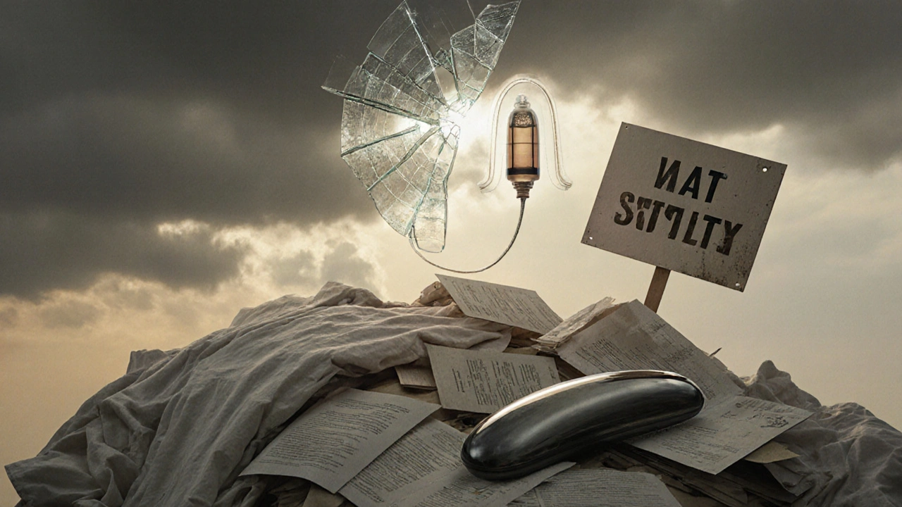 A broken Dalkon Shield beside a modern safe IUD, symbolizing past harm and future protection.