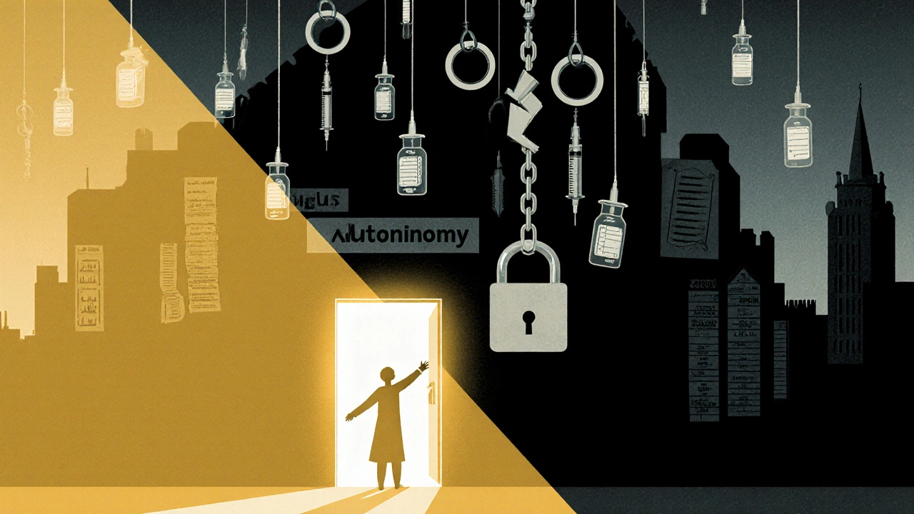 A broken lock hangs from syringes and wedding rings, with a figure reaching toward a sunlit door labeled &#039;Autonomy&#039;.