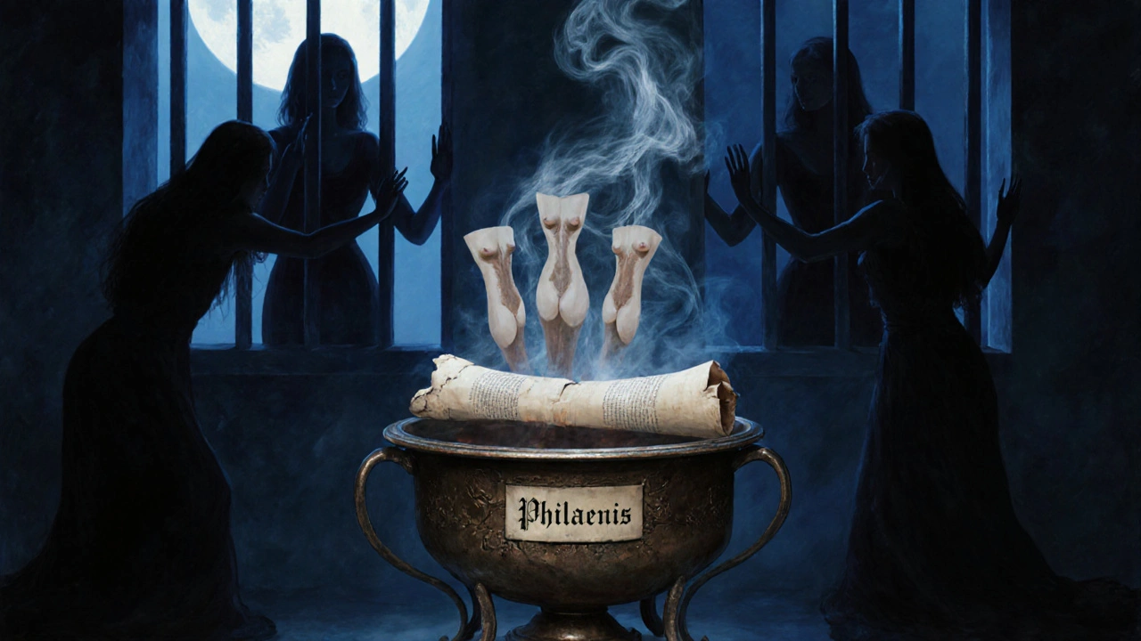 A burning scroll labeled &#039;Philaenis&#039; emits smoke shaped like sexual postures, surrounded by shadowy female figures behind bars.