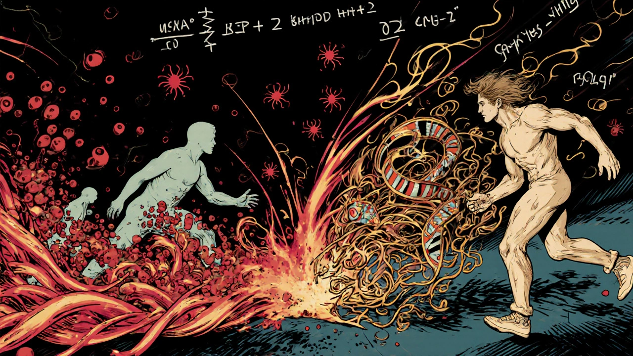 A comic-style evolutionary race: asexual lineage collapsing under parasites while sexual lineage adapts with genetic diversity.