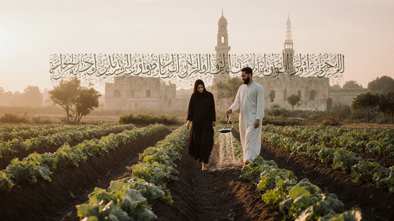 A couple walks barefoot through a garden at dawn, tending soil together as spiritual and emotional cultivation blends with nature.