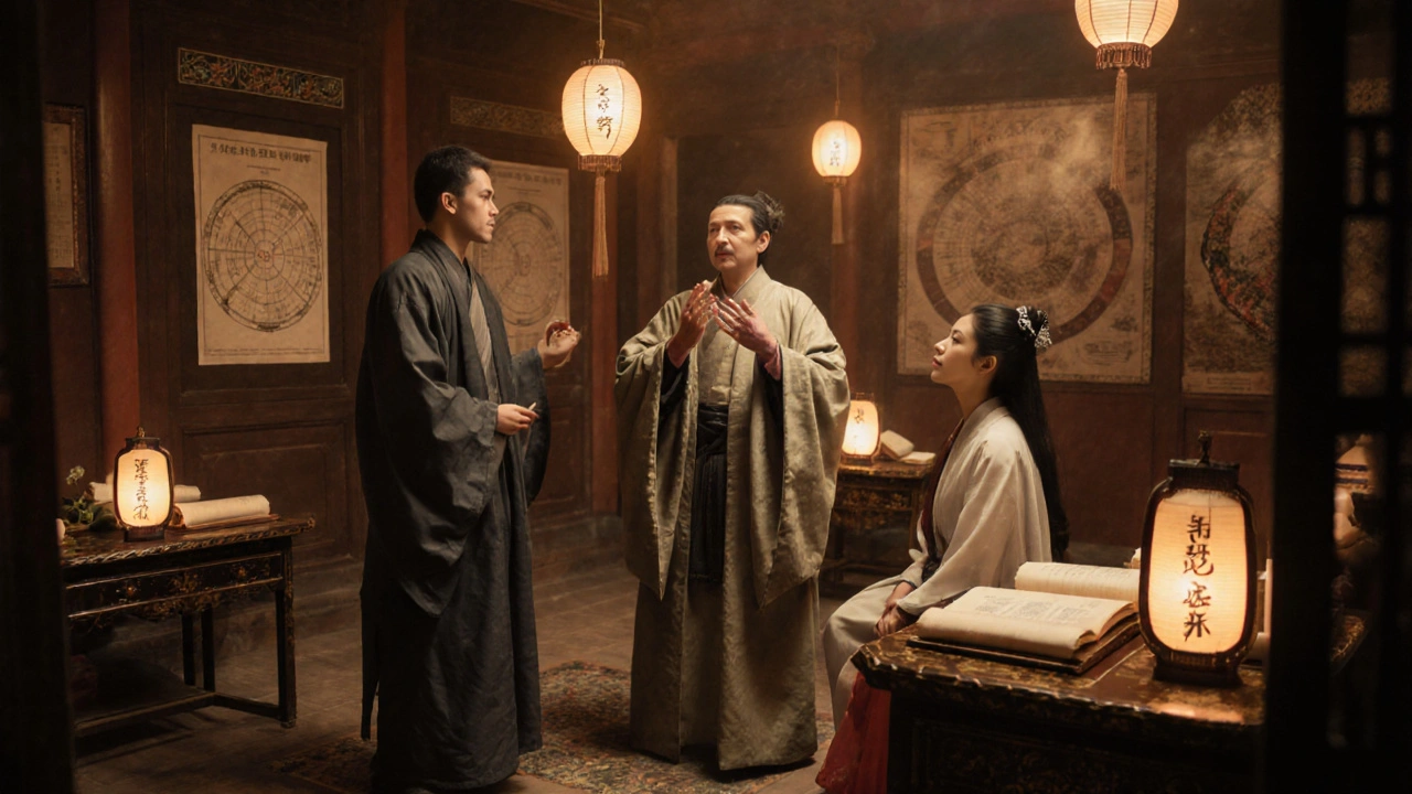 A Daoist physician instructs a scholar and courtesan in breath control using ancient Chinese medical texts.