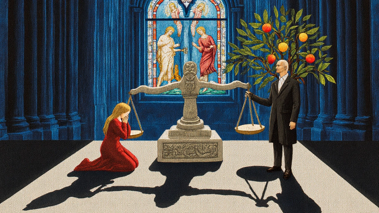 A divine scale weighing contraception against rape, with shadowy trees representing life and death.