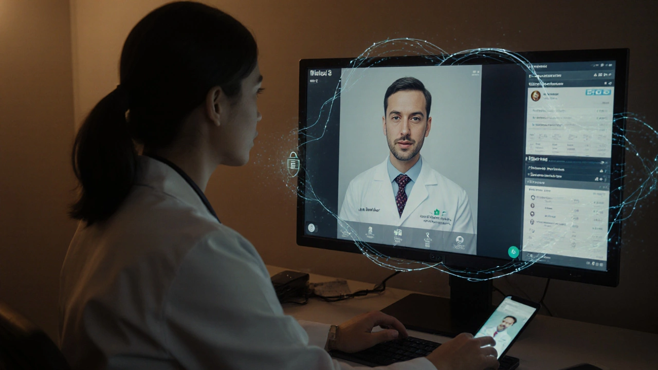 A doctor conducting a secure telemedicine consultation using a certified USBS platform with encrypted health data visible on screen.
