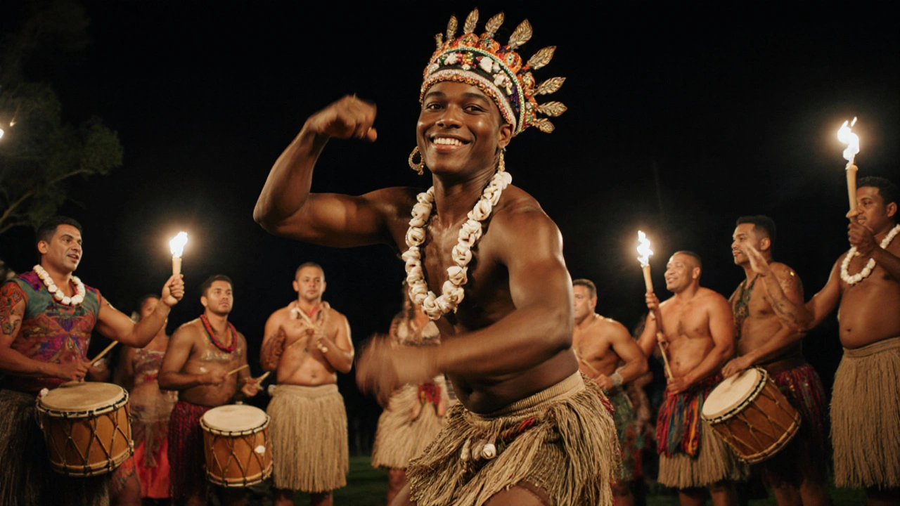 A fa&#039;afafine performer dancing in ceremonial costume under torchlight at a village festival.