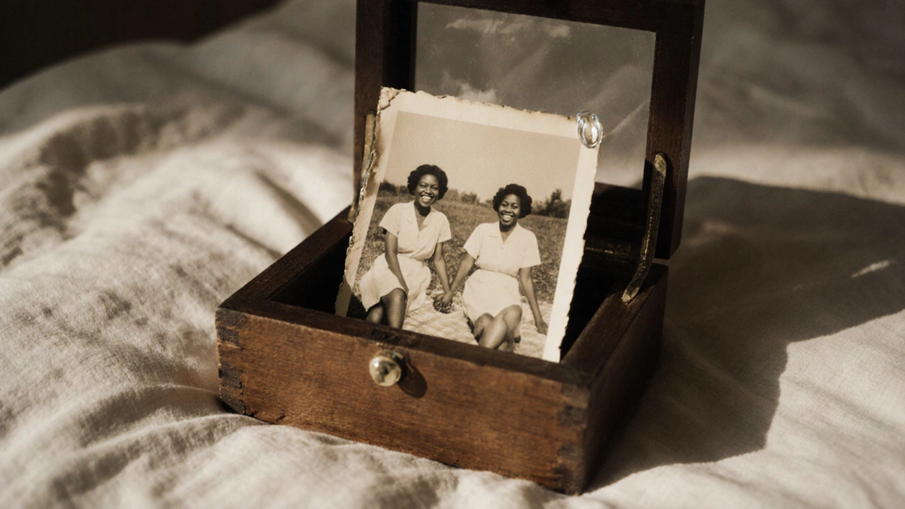 A faded 1963 photograph of two Black women holding hands, found in a wooden box under a bed, symbolizing hidden love and erased history.
