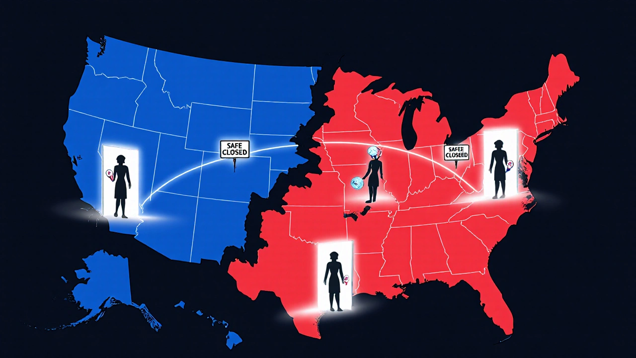 A fractured U.S. map shows women traveling between states for abortion care, with light paths connecting safe regions.