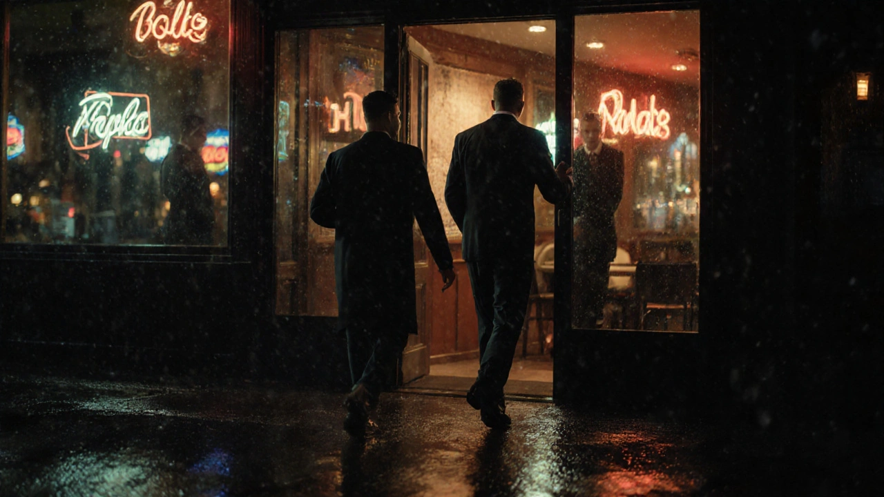 A gay couple turned away from a restaurant, walking into rain as reflections show their rejection in the glass.