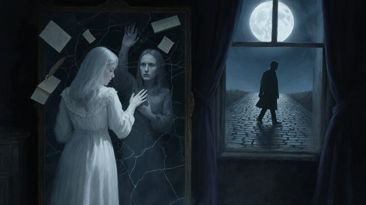 A ghostly figure appears in a Victorian woman&#039;s mirror, surrounded by symbols of suppressed voices and unfulfilled ambition.