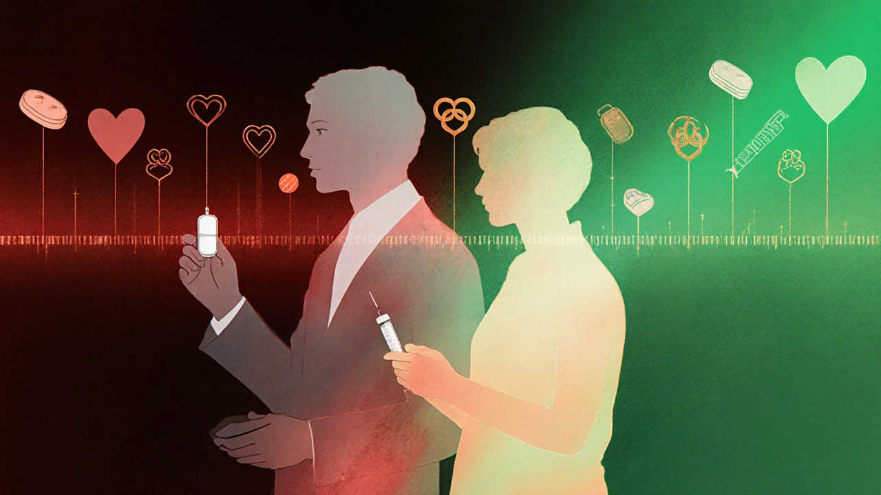 A ghostly figure from the AIDS crisis fading into a healthy person holding medicine, symbolizing survival and progress.