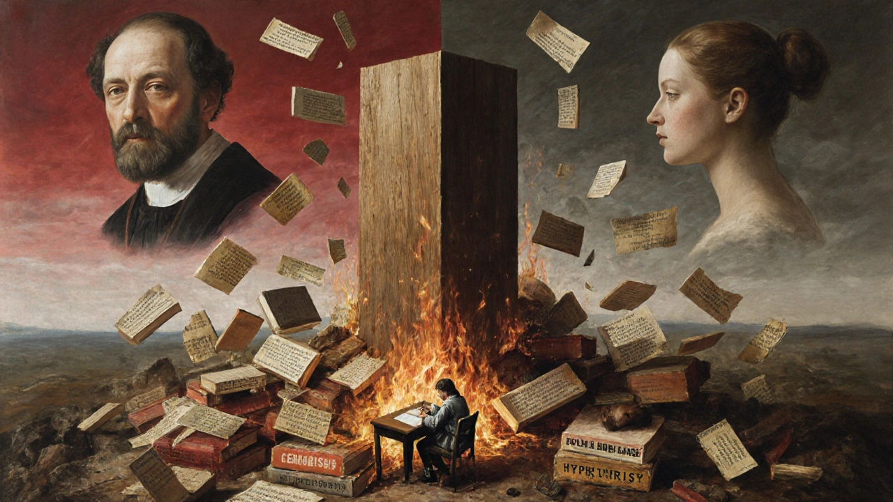 A giant wooden dildo rises from burning books as a writer works below amid floating myths and prayers.