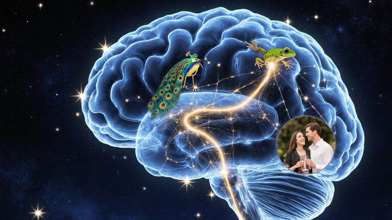 A glowing neural pathway linking animal courtship behaviors to human romance in a cosmic brain.