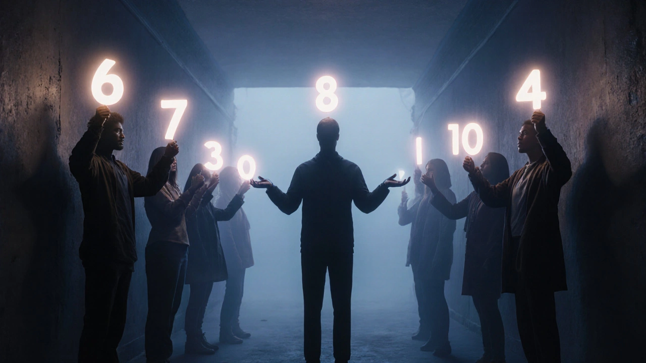 A hallway of people with glowing consent scores from 0 to 10, where most appear uneasy, except one standing freely with open hands.
