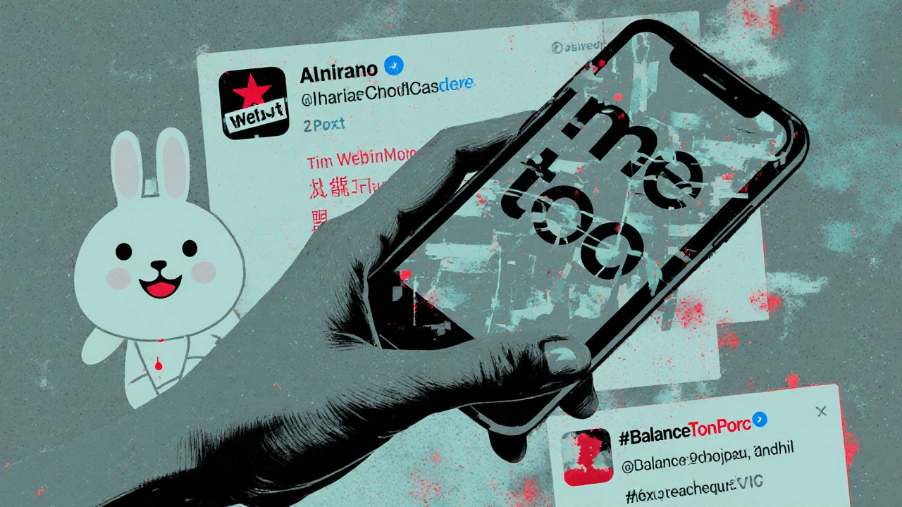 A hand holding a phone surrounded by fragmented social media posts from global #MeToo campaigns.