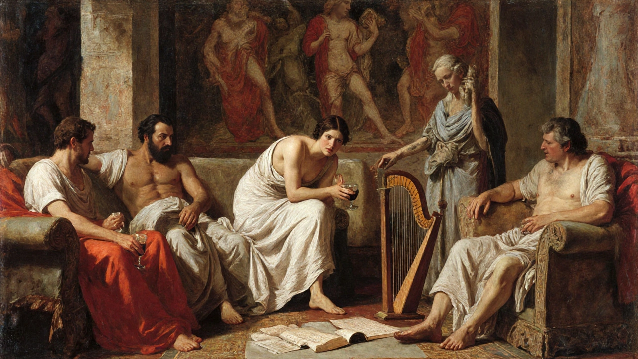 A hetaera debates philosophy with men at a symposium, surrounded by wine cups and scrolls in a richly decorated room.
