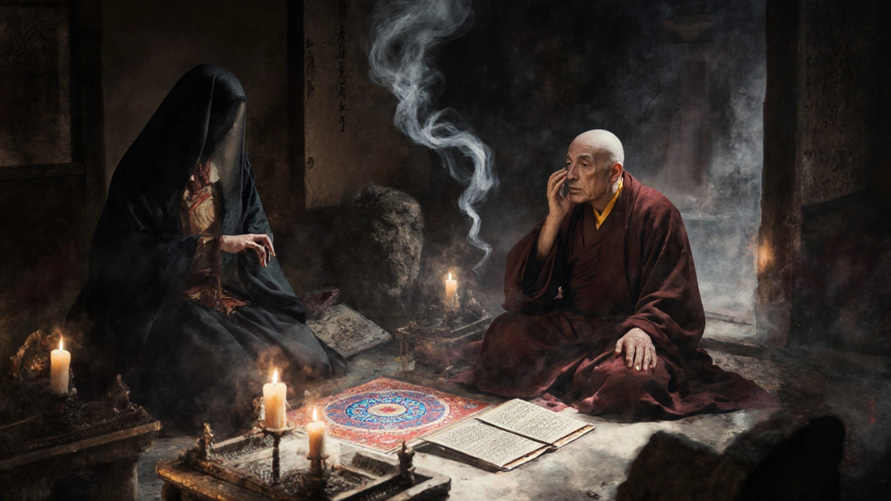 A Japanese monk reveals sacred fertility rituals to a noblewoman in a candlelit temple chamber.