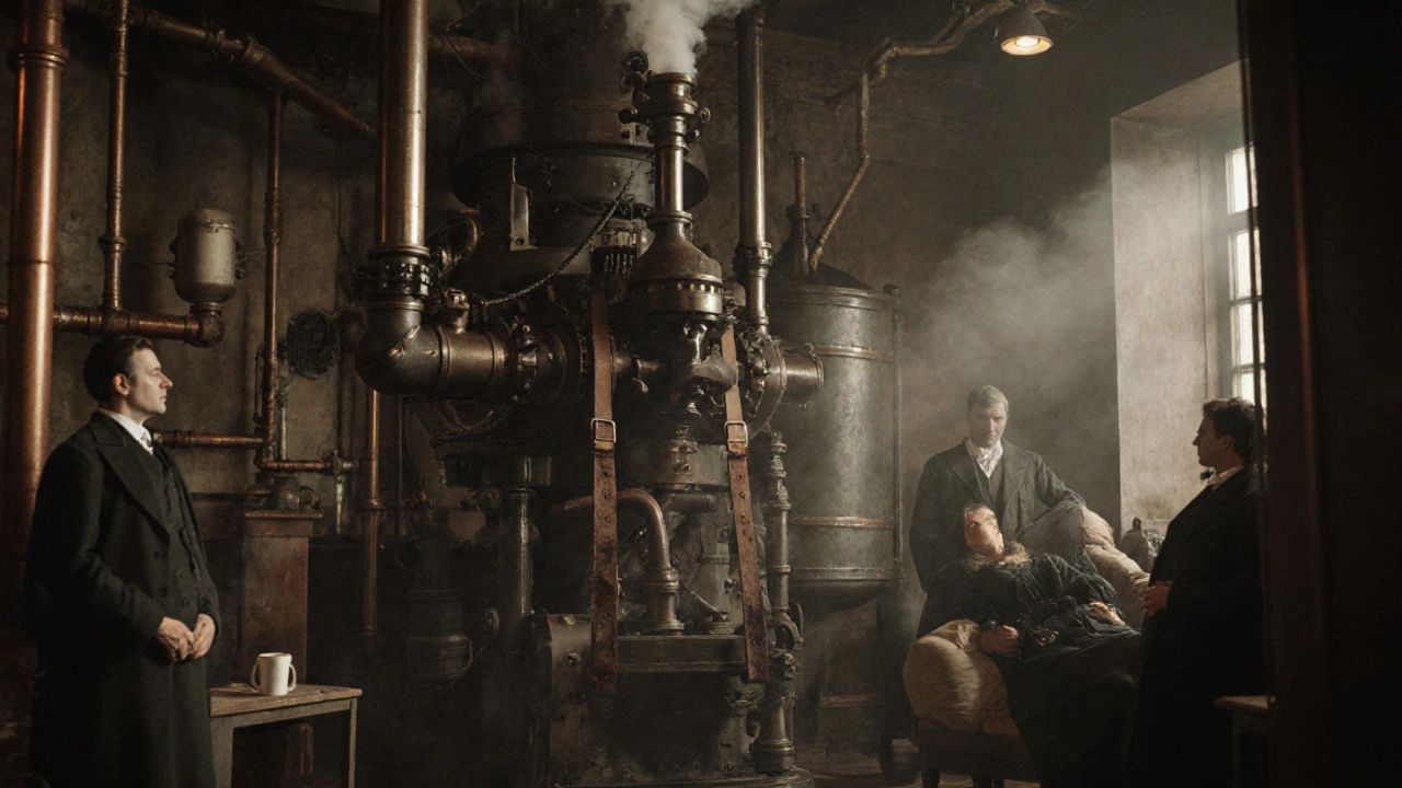 A large steam-powered medical device connected by a rod to a padded handle, used for pelvic therapy in a 19th-century clinic.