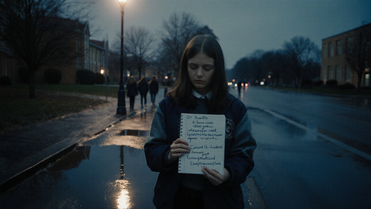 A lone peer educator standing under a streetlamp at night, holding notes on sexual health.