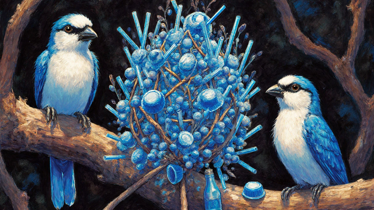 A male satin bowerbird arranging blue objects around a stick bower while a female observes.