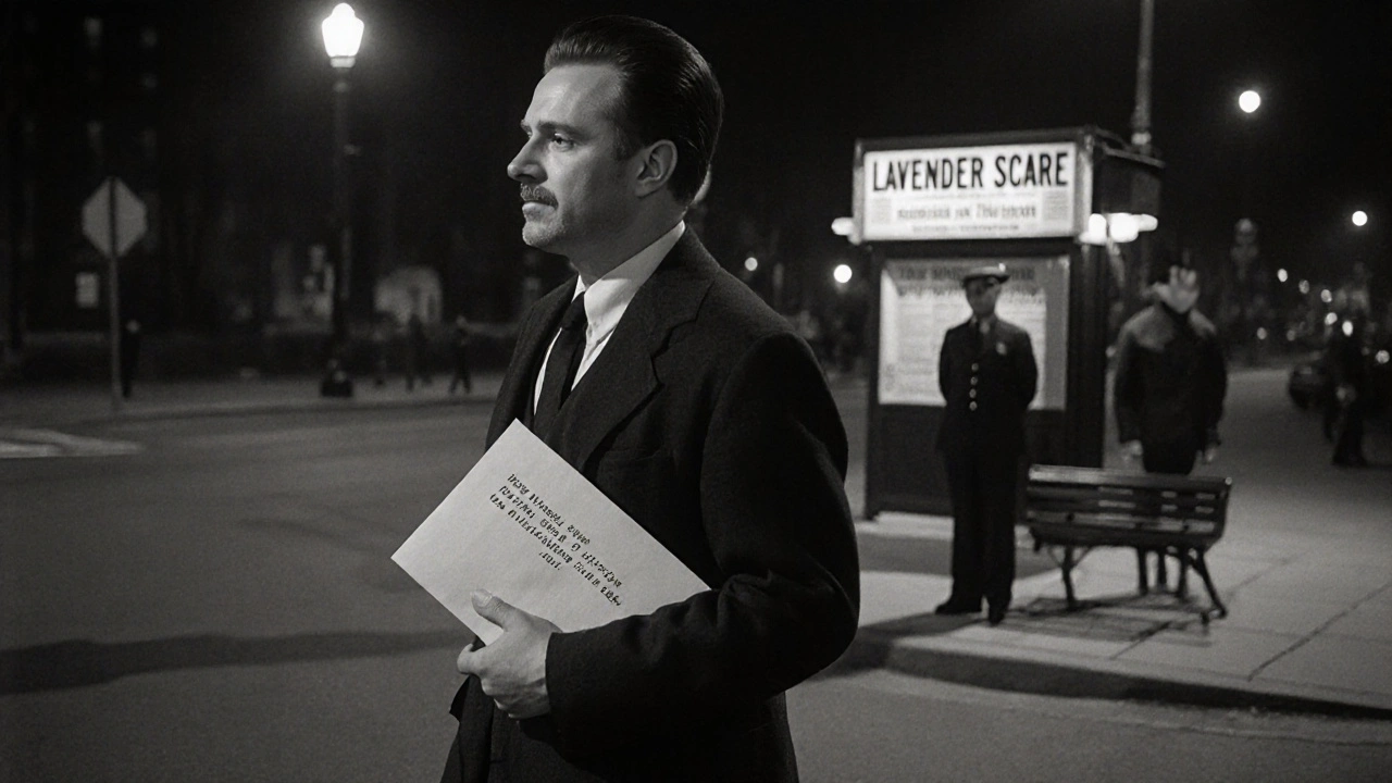 A man walks nervously down a 1950s street, holding a confidential envelope as police watch nearby.