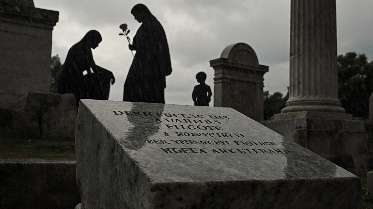 A marble tombstone bears only a father and son&#039;s names, while shadowy female figures stand behind, symbolizing erased identities.