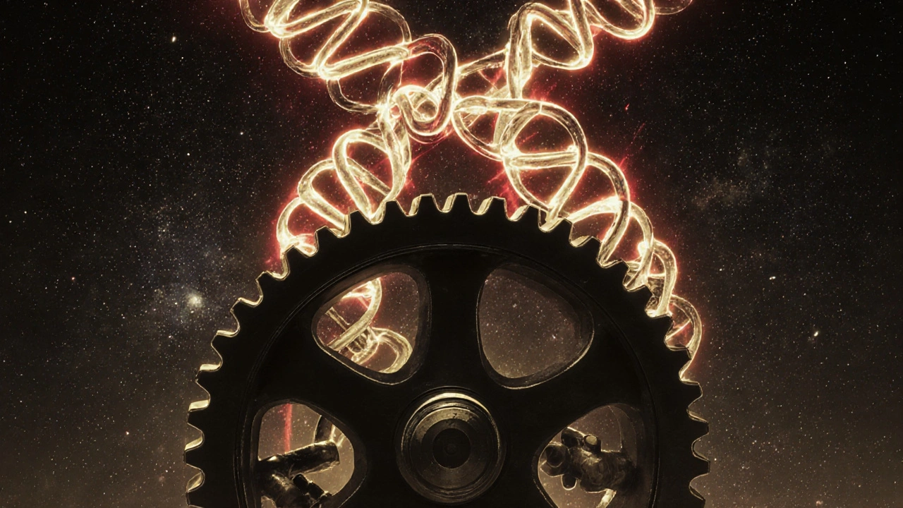 A mechanical ratchet turning only one way, representing accumulating genetic mutations, with DNA helices shuffling to remove them.