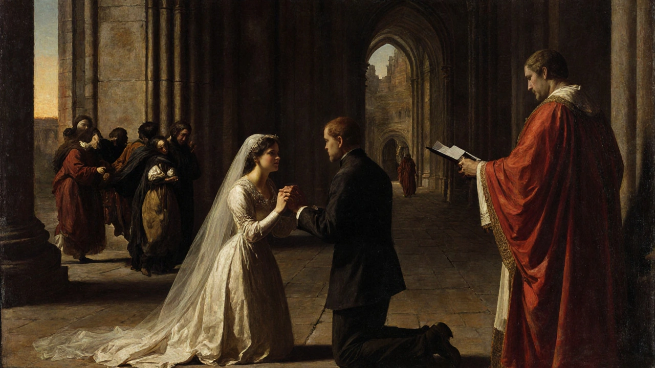 A medieval couple exchanges vows in a cathedral, while a peasant woman is forcibly taken away.