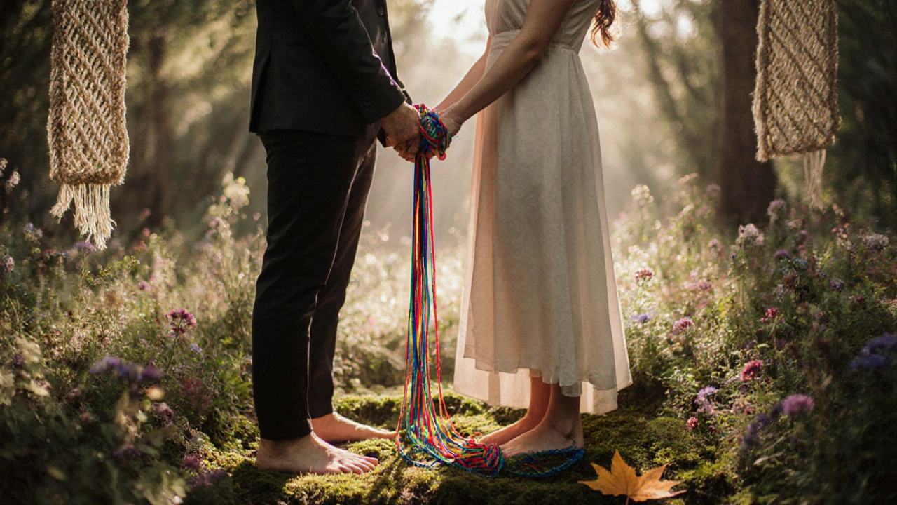 A modern couple in a forest, hands tied with colorful ribbons as a celebrant performs a symbolic binding.