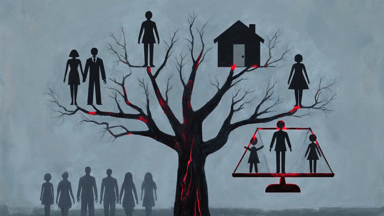 A modern family tree showing diverse household structures with children in the background, symbolizing post-no-fault societal change.