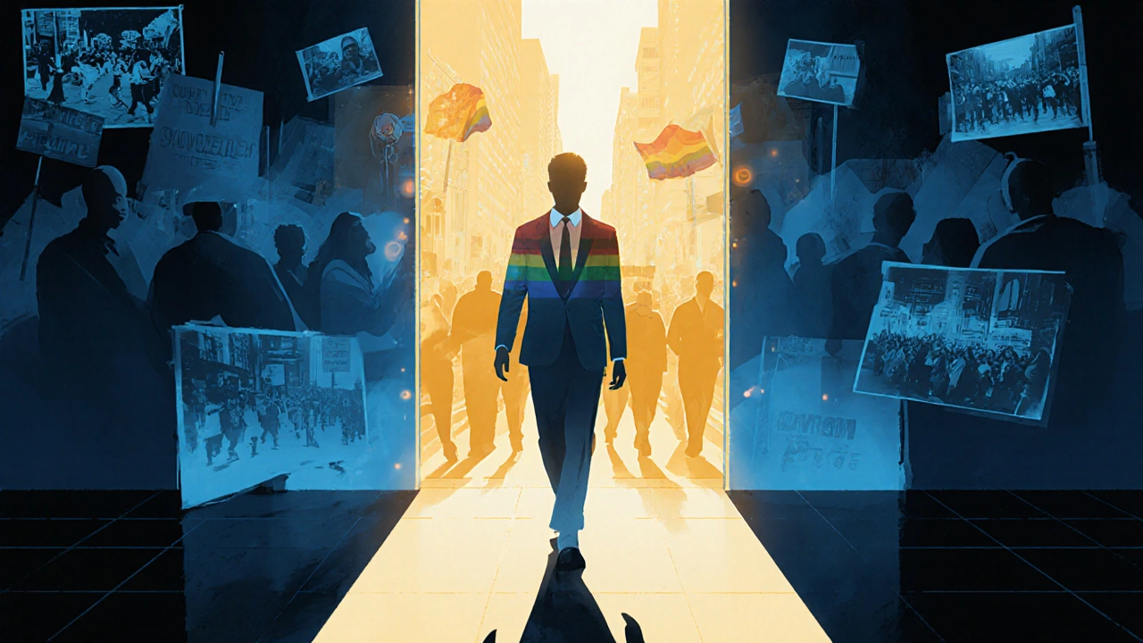 A modern queer person walking into a bar, surrounded by ghostly images of past raids and Pride.