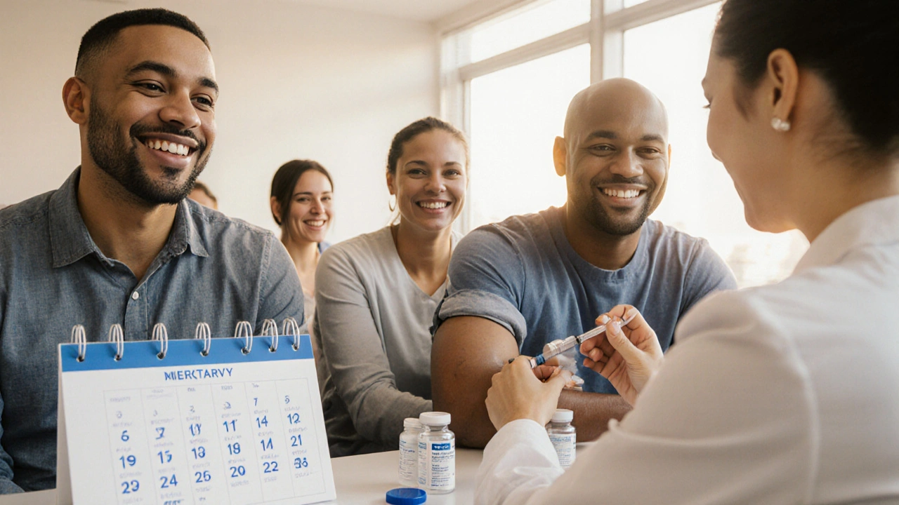 A nurse giving a monthly HIV injection to a patient in a bright clinic, with single-pill medications visible.