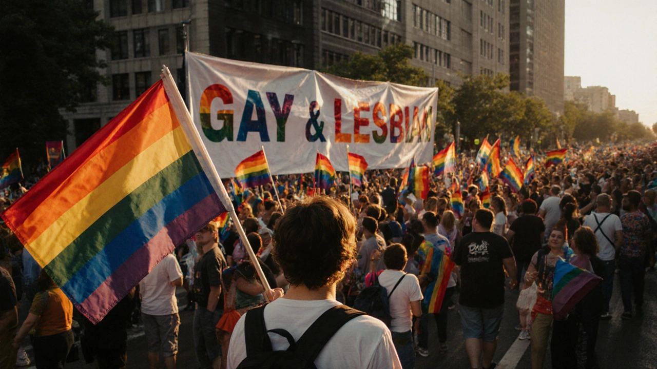 A person with a bisexual flag standing alone in a crowded pride parade, ignored by others waving rainbow flags.