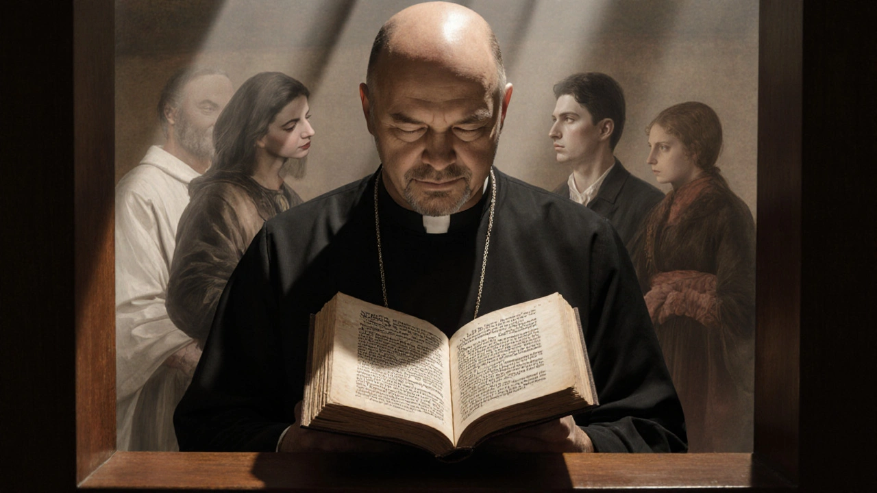 A priest in a confessional surrounded by ghostly figures from different eras, all connected to Aquinas&#039;s manuscript.