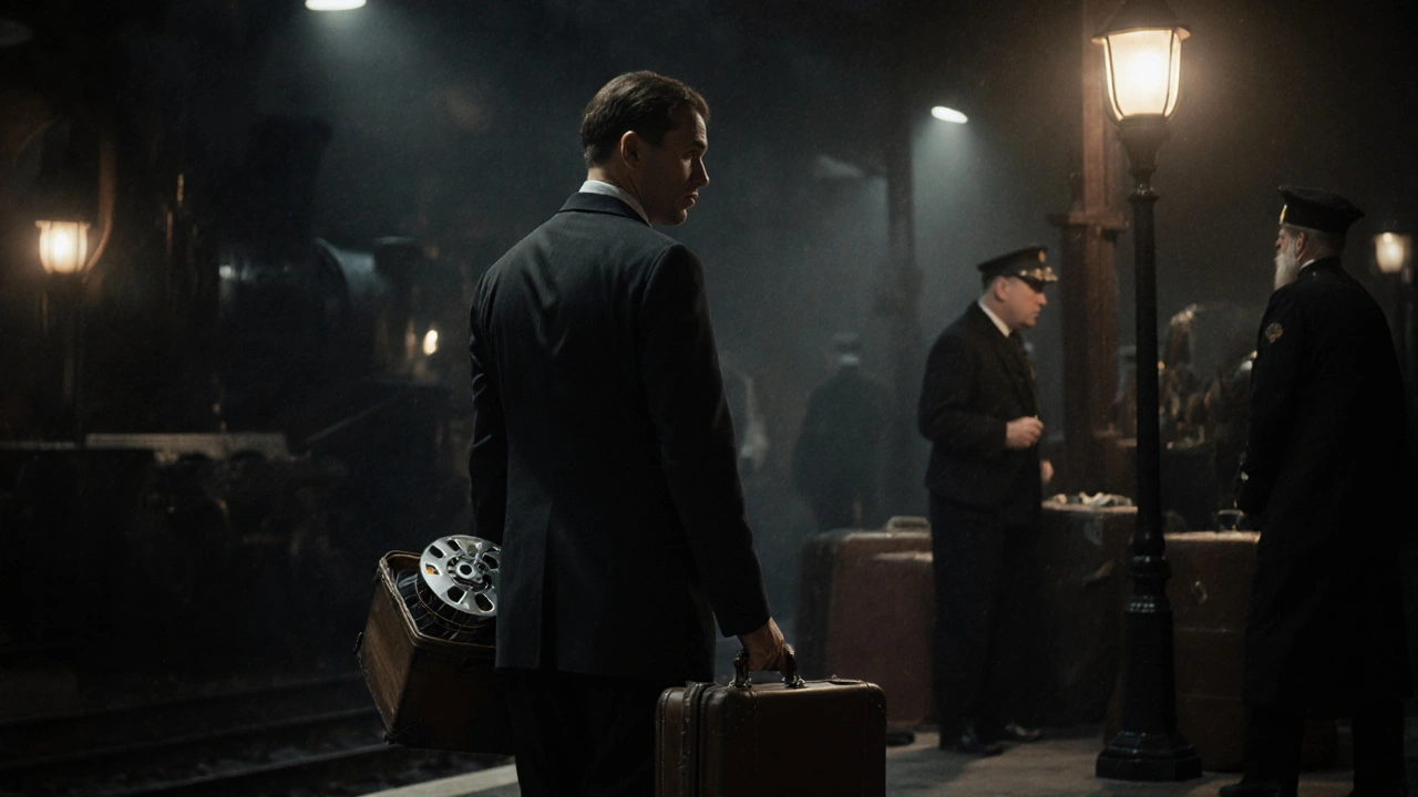 A projectionist carrying hidden film reels through a train station, glancing nervously at an officer.