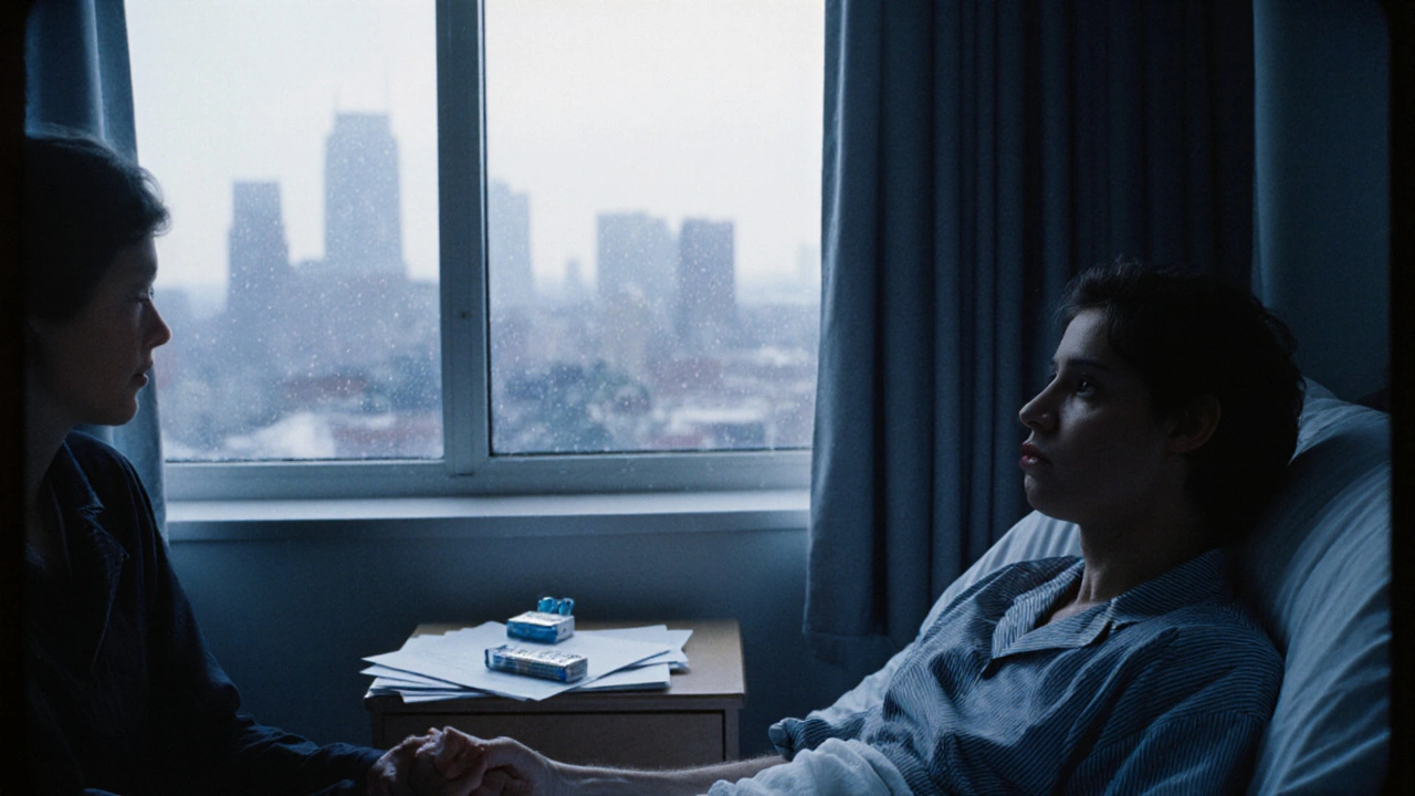 A sick man in a hospital bed holding his partner&#039;s hand, rain visible through the window.
