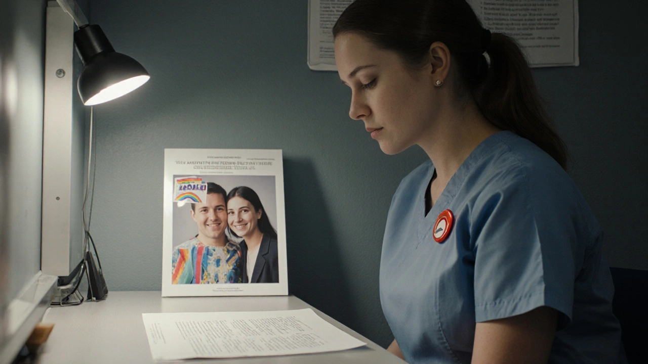 A transgender nurse holding a termination letter, her Pride photo partially covered by corporate documents.