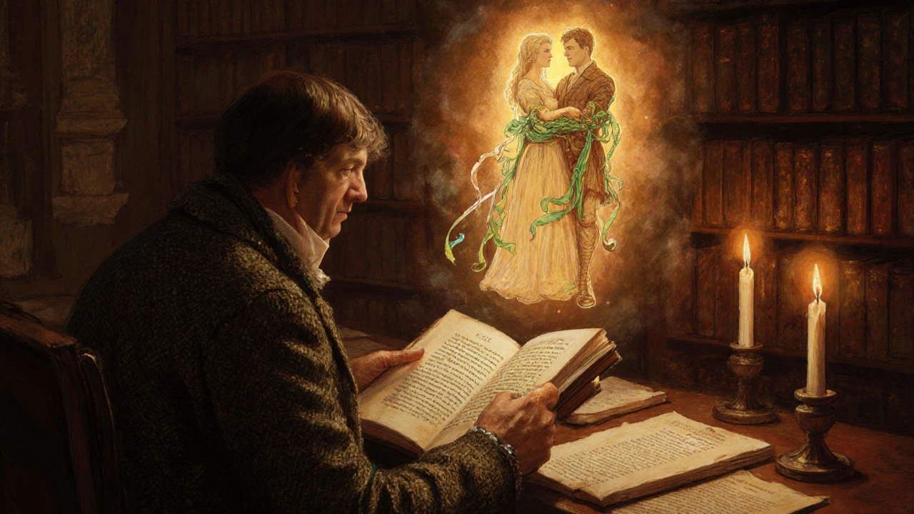 A Victorian man reading Sir Walter Scott&#039;s novel, with a ghostly image of handfasting rising from the page.