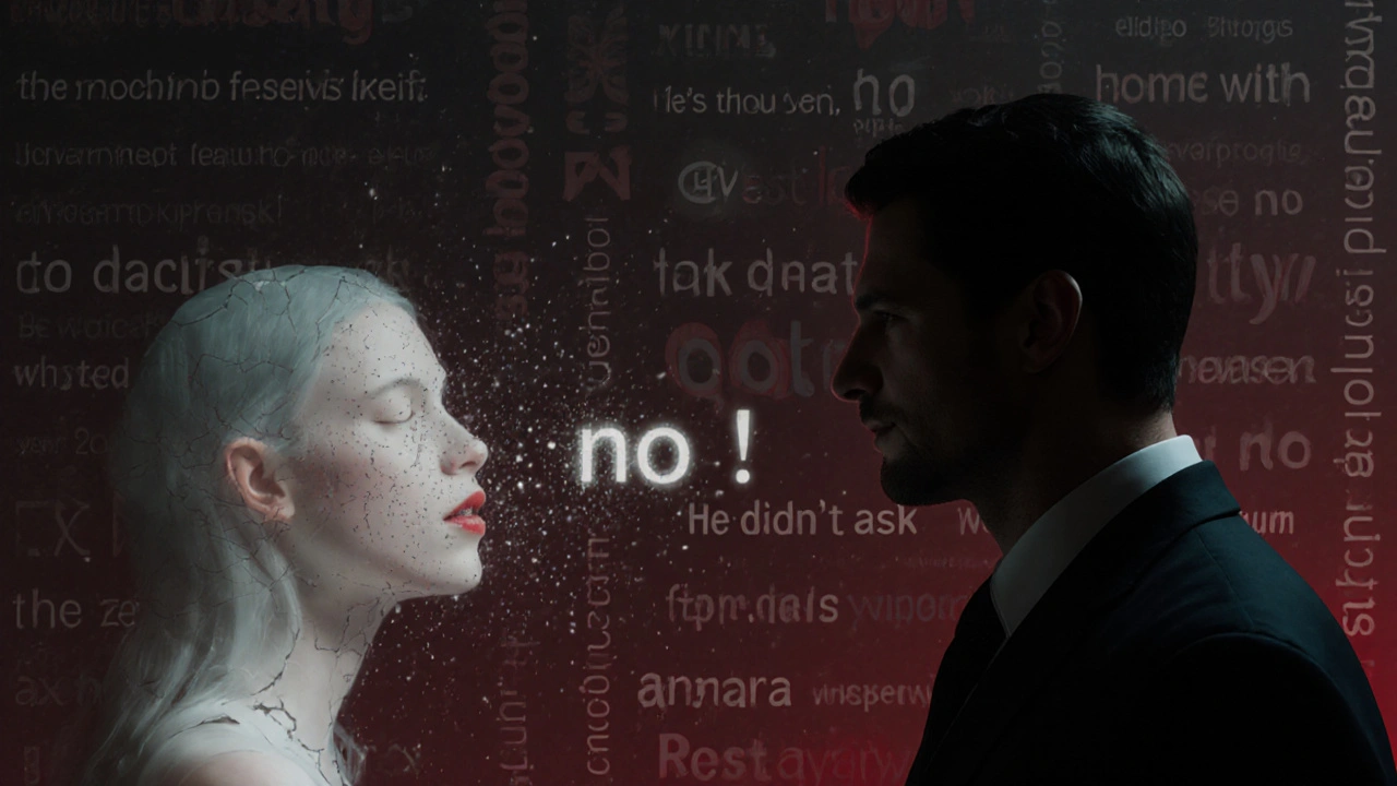 A woman&#039;s whispered &#039;no&#039; dissolves into ghostly fragments, failing to reach a shadowy figure, surrounded by faint, unsaid phrases in the air.