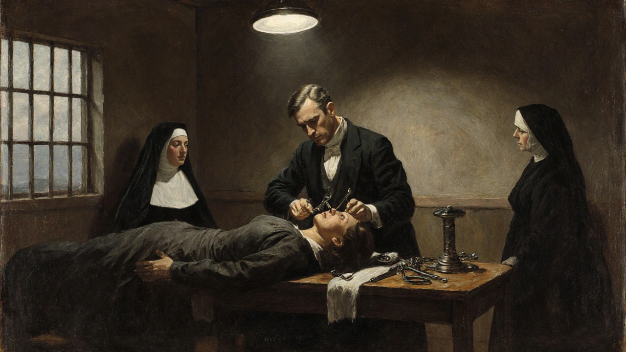 A woman endures a forced medical exam in a cold hospital room under harsh light.