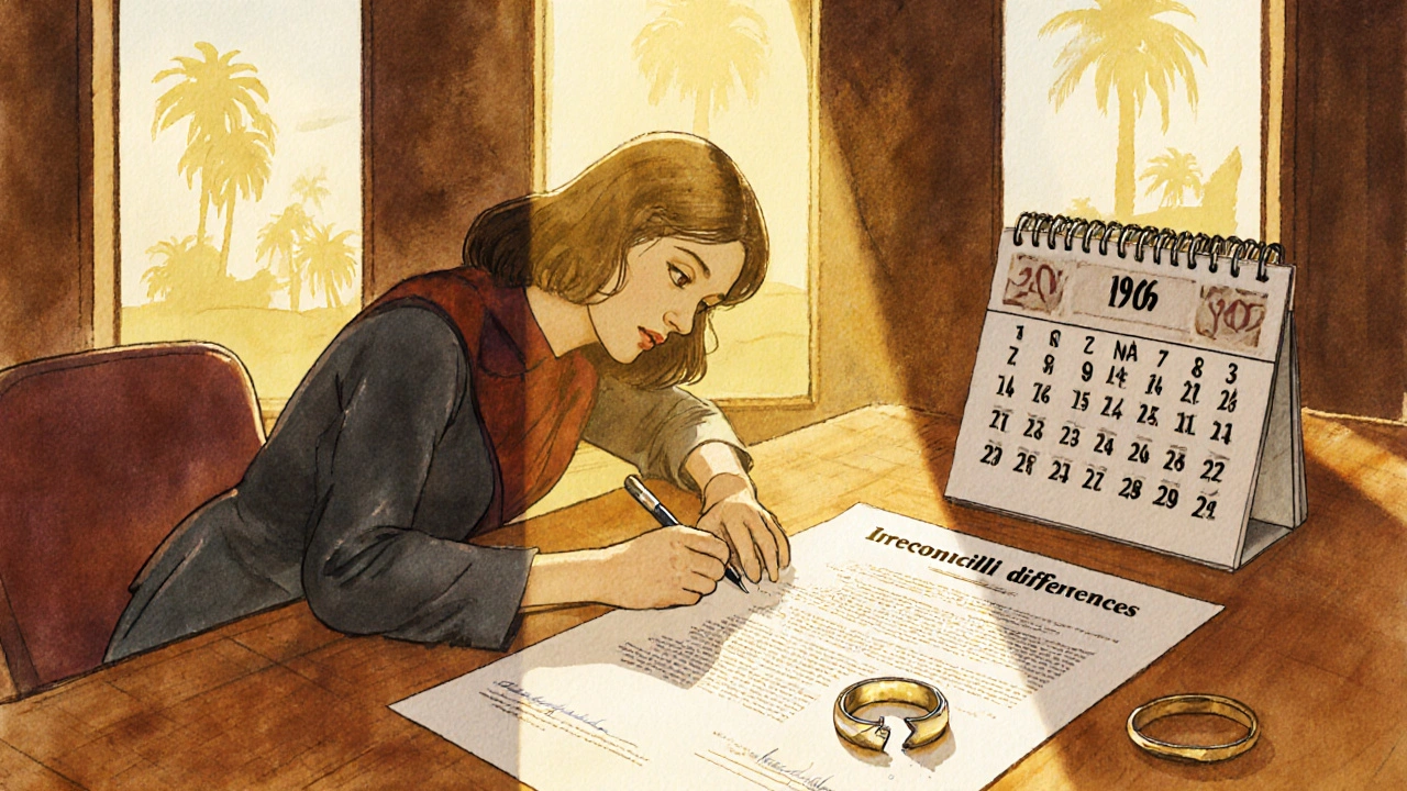 A woman signing a 1970s divorce decree in California as sunlight highlights the phrase &#039;irreconcilable differences&#039; on paper.