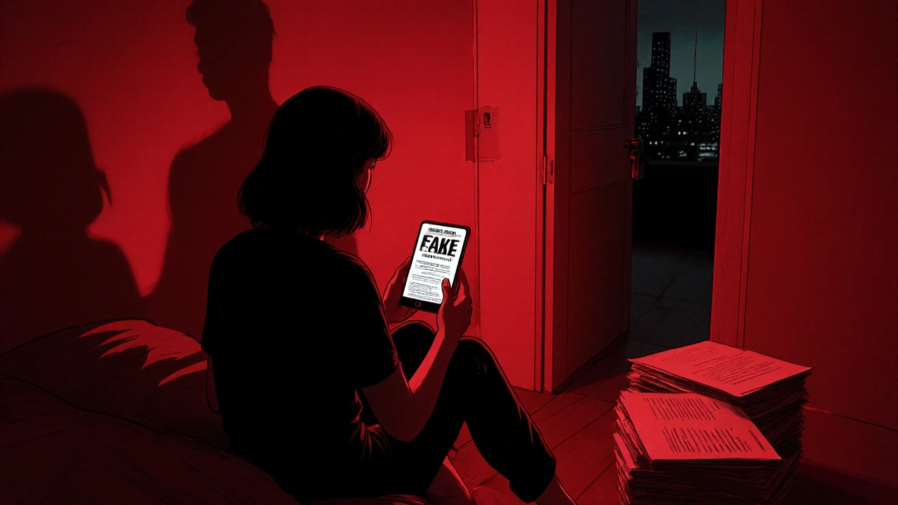 A woman sits in a dim apartment, staring at a fake job ad while a locked door looms behind her.
