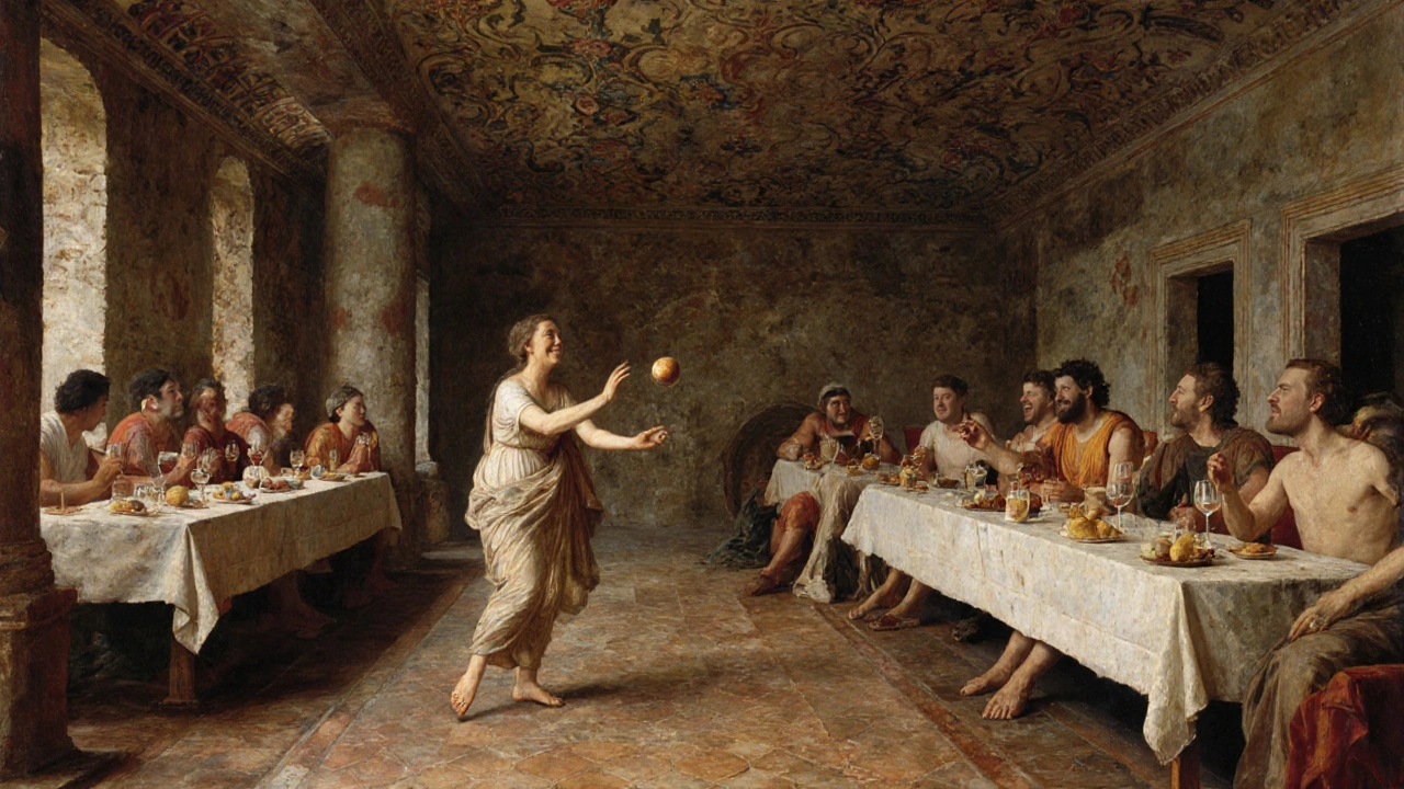 A woman tossing a ball to a man during an Etruscan feast, both smiling amid shared dining couches and warm light.