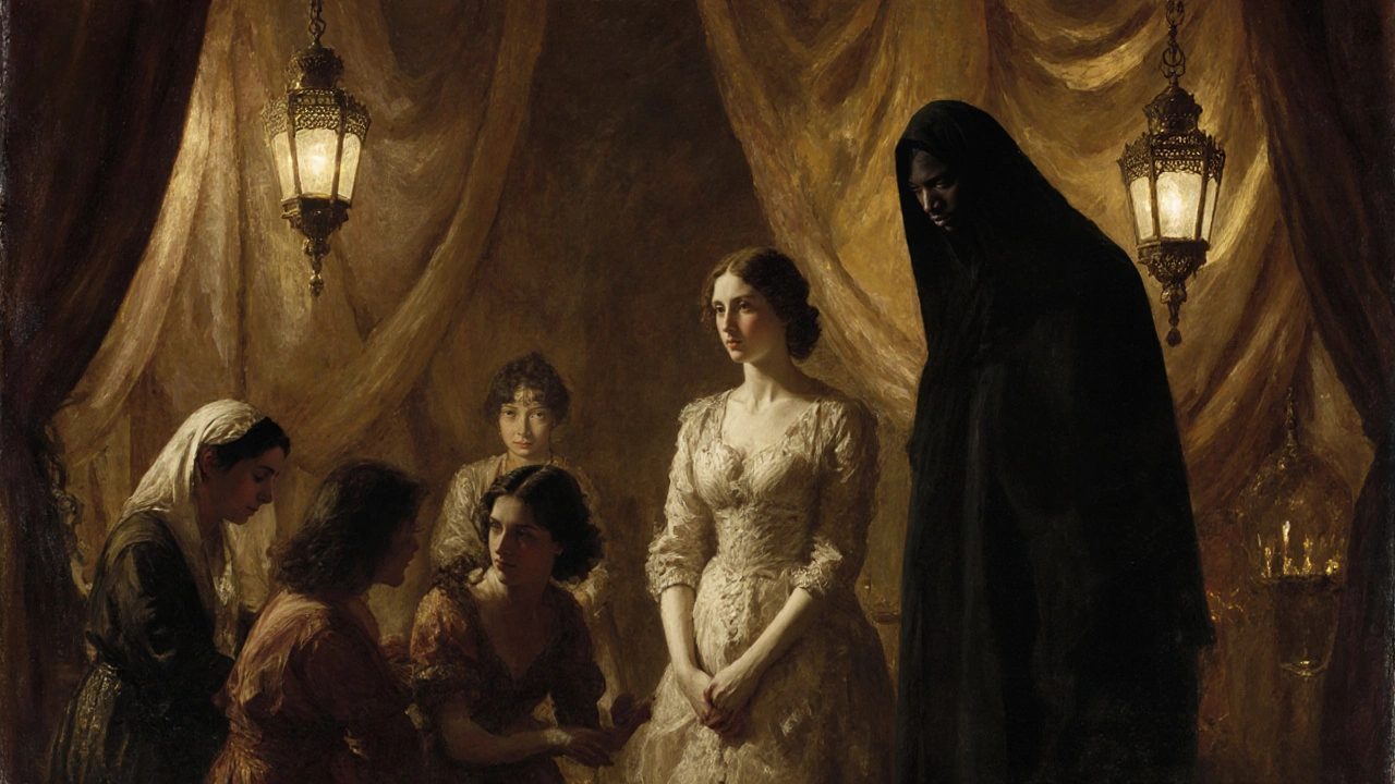 A woman watches helplessly as others are assaulted in an opulent but menacing harem.