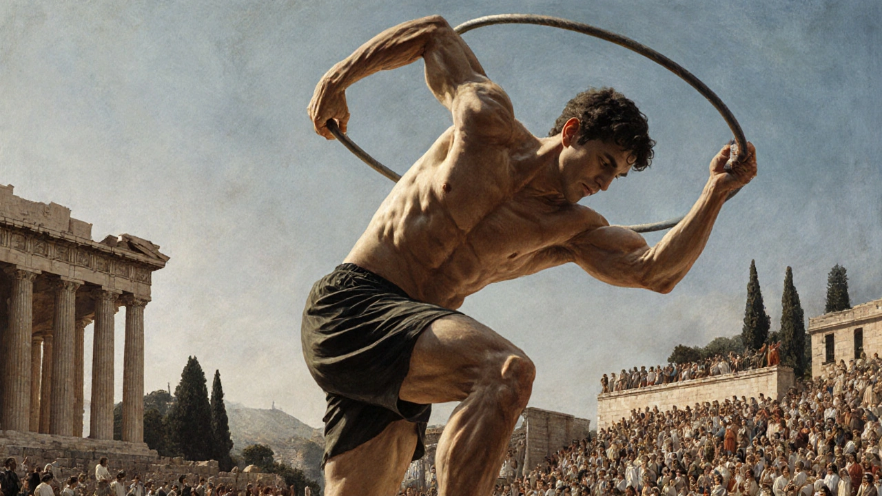A young athlete throwing a discus under the shadow of the Parthenon, watched by citizens.