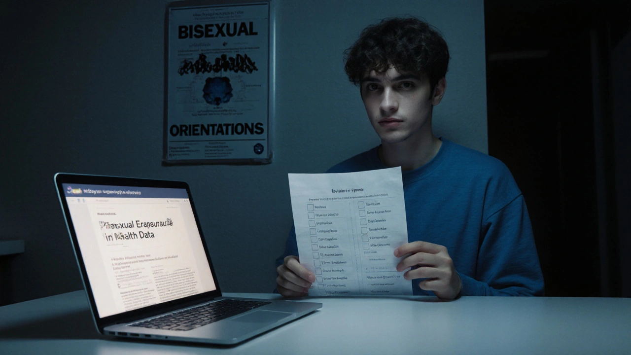 A young person staring at a survey with no bisexual option, tearful under harsh kitchen light.