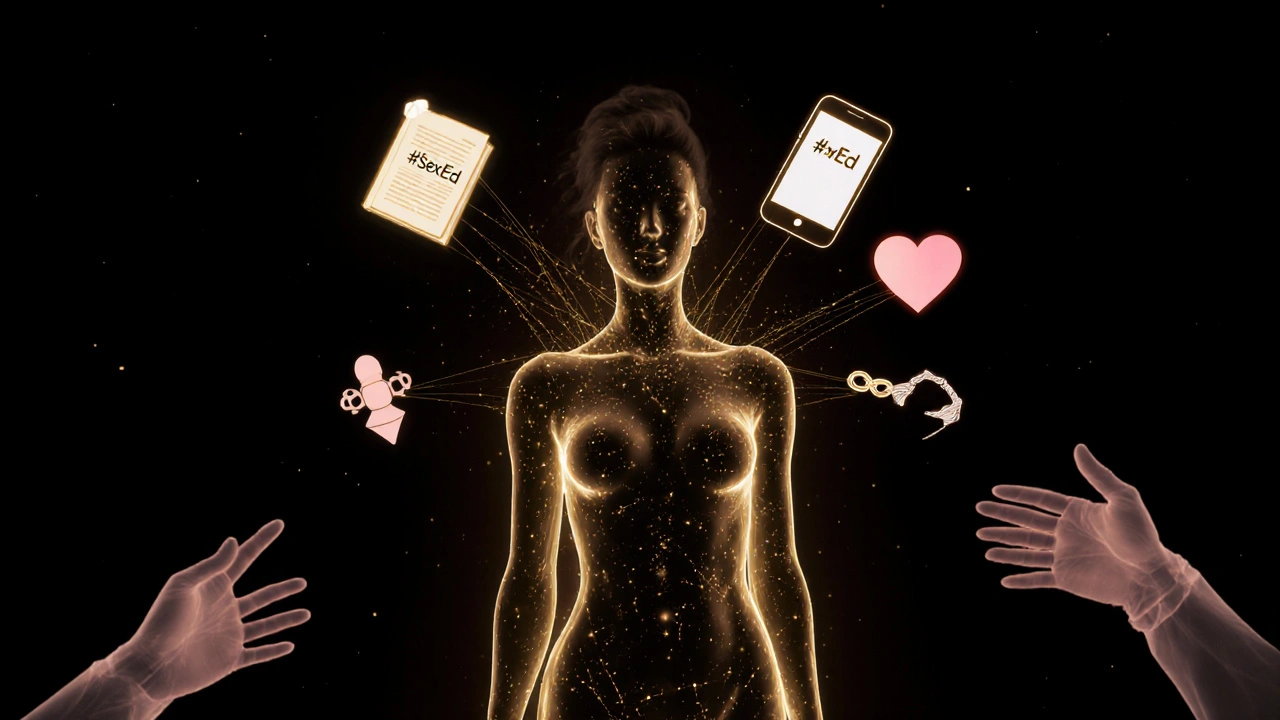 Abstract golden constellation radiating from a woman&#039;s body, connecting symbols of liberation and education in darkness.