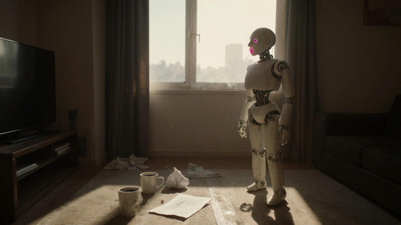 An abandoned sex robot in a quiet living room at dawn, dust on its skin, empty cups and mail on the floor.