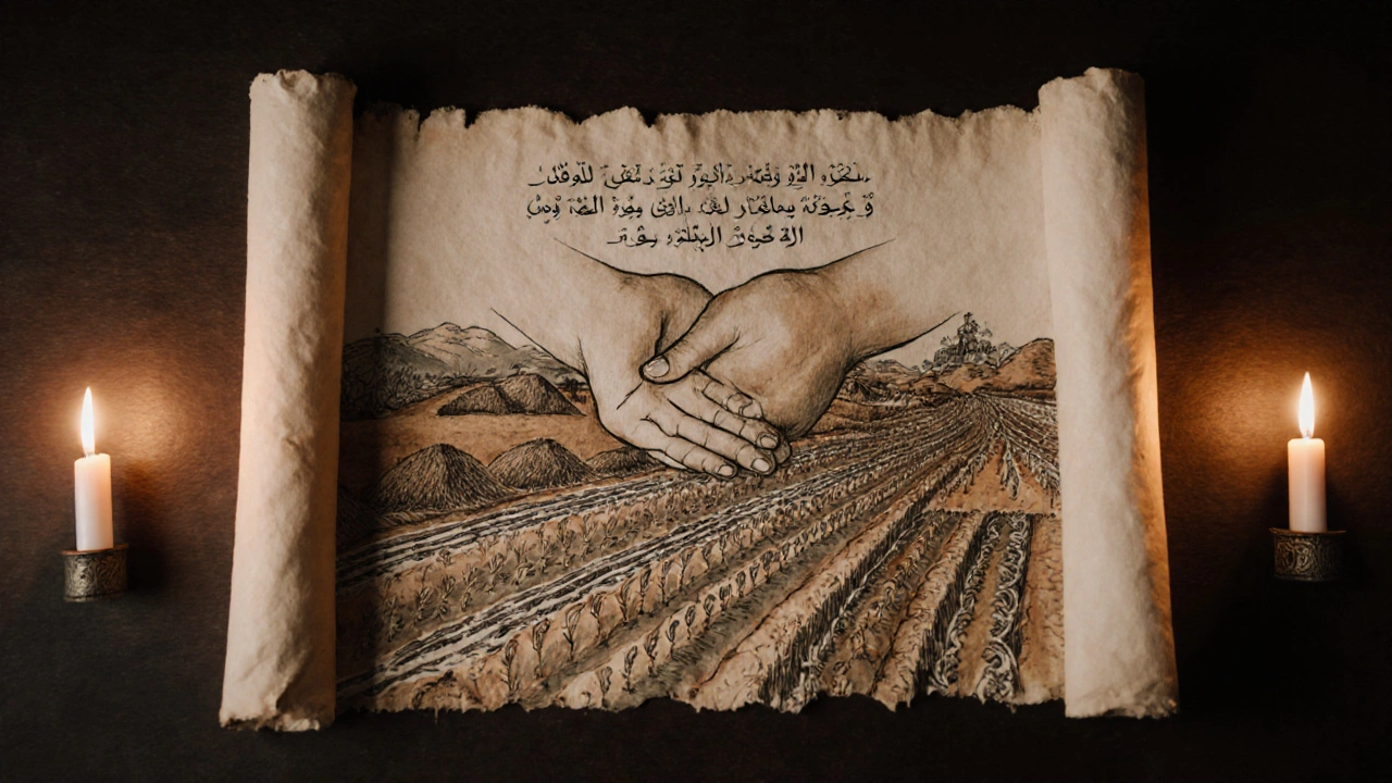 An ancient scroll with Quranic verse illustrated by a thriving farm showing crop rotation and nurturing soil.