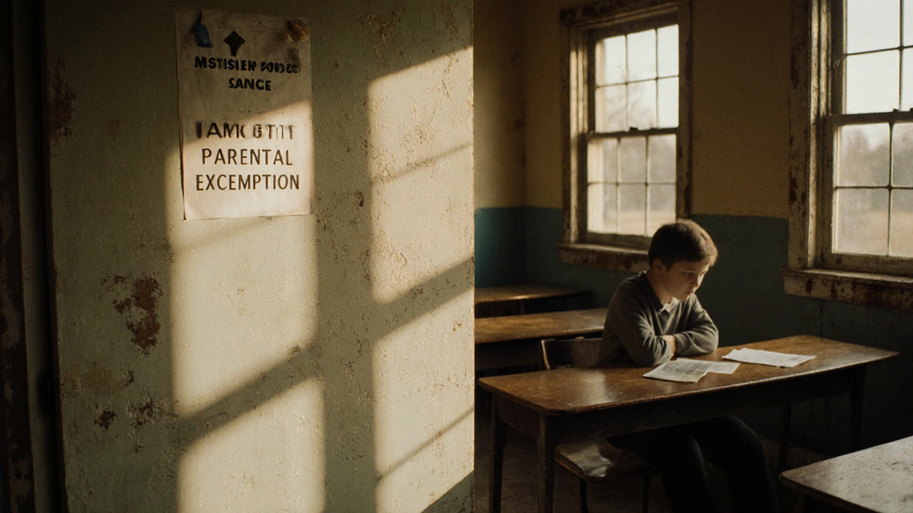 An empty classroom in rural Mississippi with a parental exemption notice, symbolizing resistance to sex education.